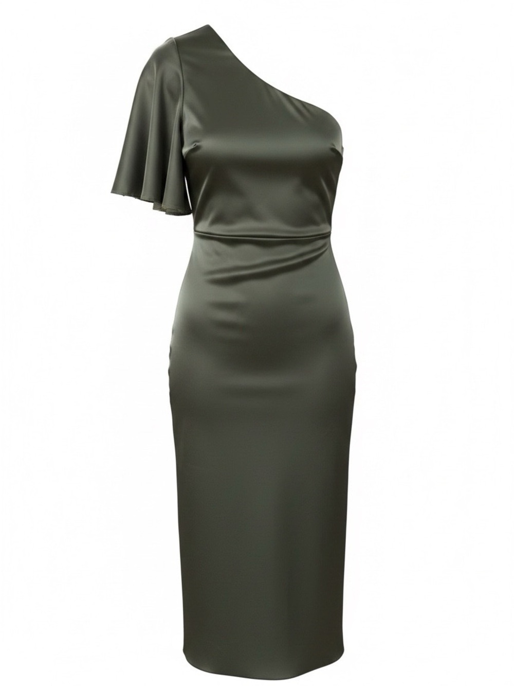 One-Shoulder Olive Green Midi Dress